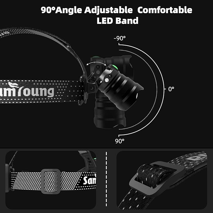 High Lumens Headlamp Induction Function, 7 Modes 50h Long Lasting Battery Life Head Lamp, IP67 Waterproof Zoom LED Headlamp, 90°Angle Adjustable for Outdoor Indoor Camping Running Hunting Car Repair