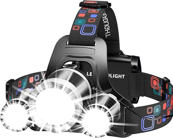 WdtPro Headlamp Rechargeable, Bright 3000L Head Lamp Flashlight, Lightweight Headlight with 3 Powered LED, Waterproof 90°Adjustable 4 Modes & Tail Lights Head Lamps for Camping Outdoor Running