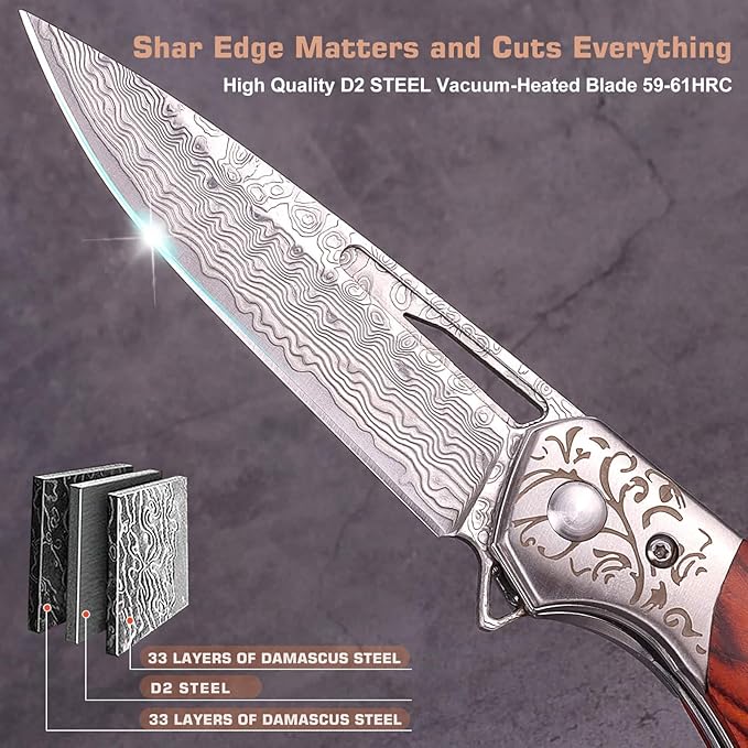 Damascus Pocket Knife For Men,EDC Red Sandalwood Handle Small Folding Knife For Hunting Camping Outdoor Hiking With Sheath