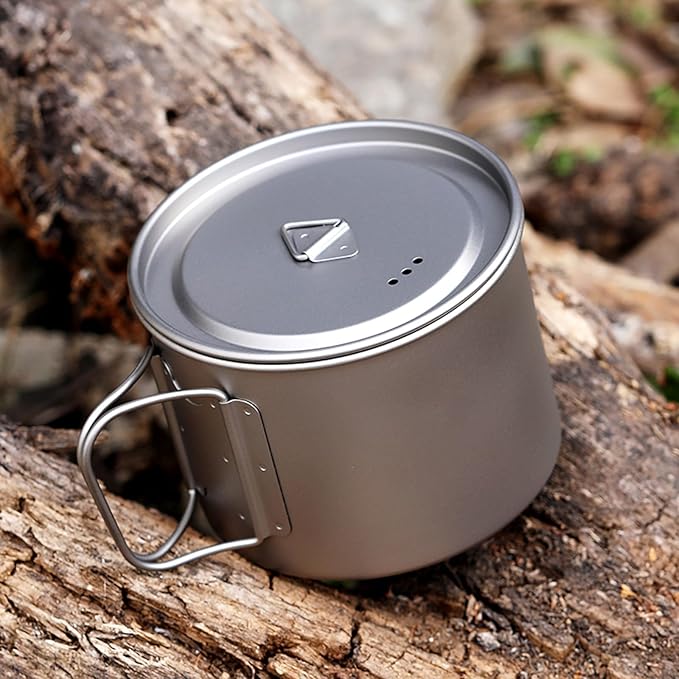 Titanium Pot 900ml & 1100ml & 1600ml Lightweight Camping Cookware for Outdoor Hiking Backpacking Travel, Non-Toxic Druable Cooking Pot with Lid & Folding Handle