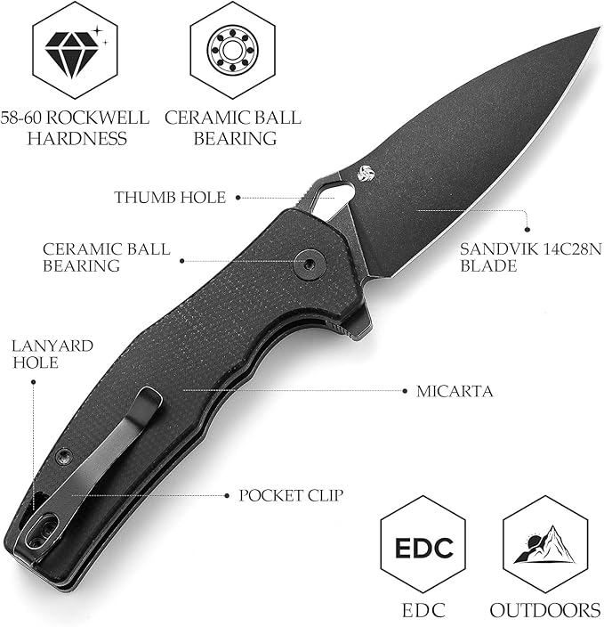 Pocket EDC Knife for Men, Camping Folding Knife with Clipï¼?3.16" Sandvik14C28N Steel Blade，Micarta Handle，Corvus-04B
