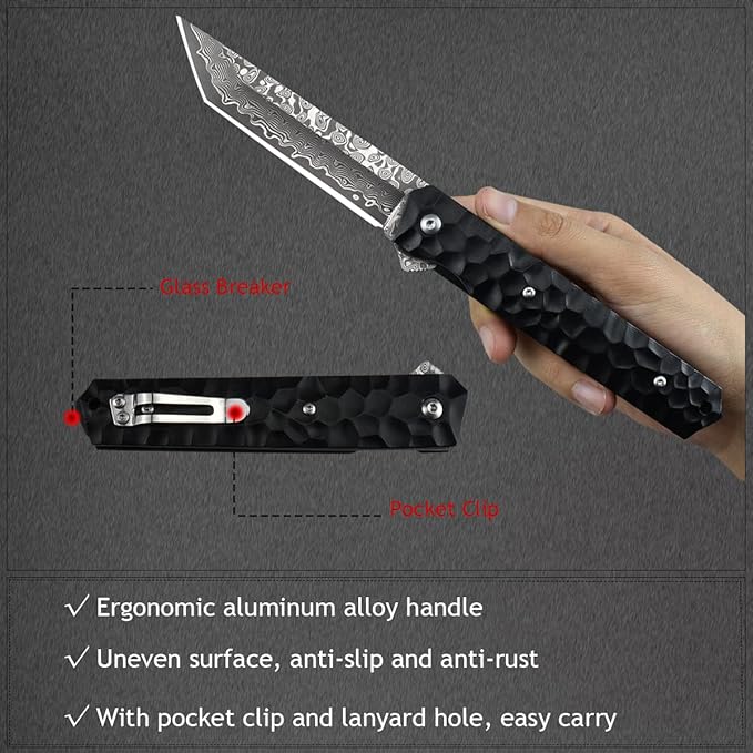 AUBEY Damascus Pocket Knife, Tanto VG10 Core Damascus Steel Folding Knives with Ball Bearing, Aluminum Alloy Non-Slip Handle and Glass Breaker, EDC Damascus Knife for Men Women (Black)