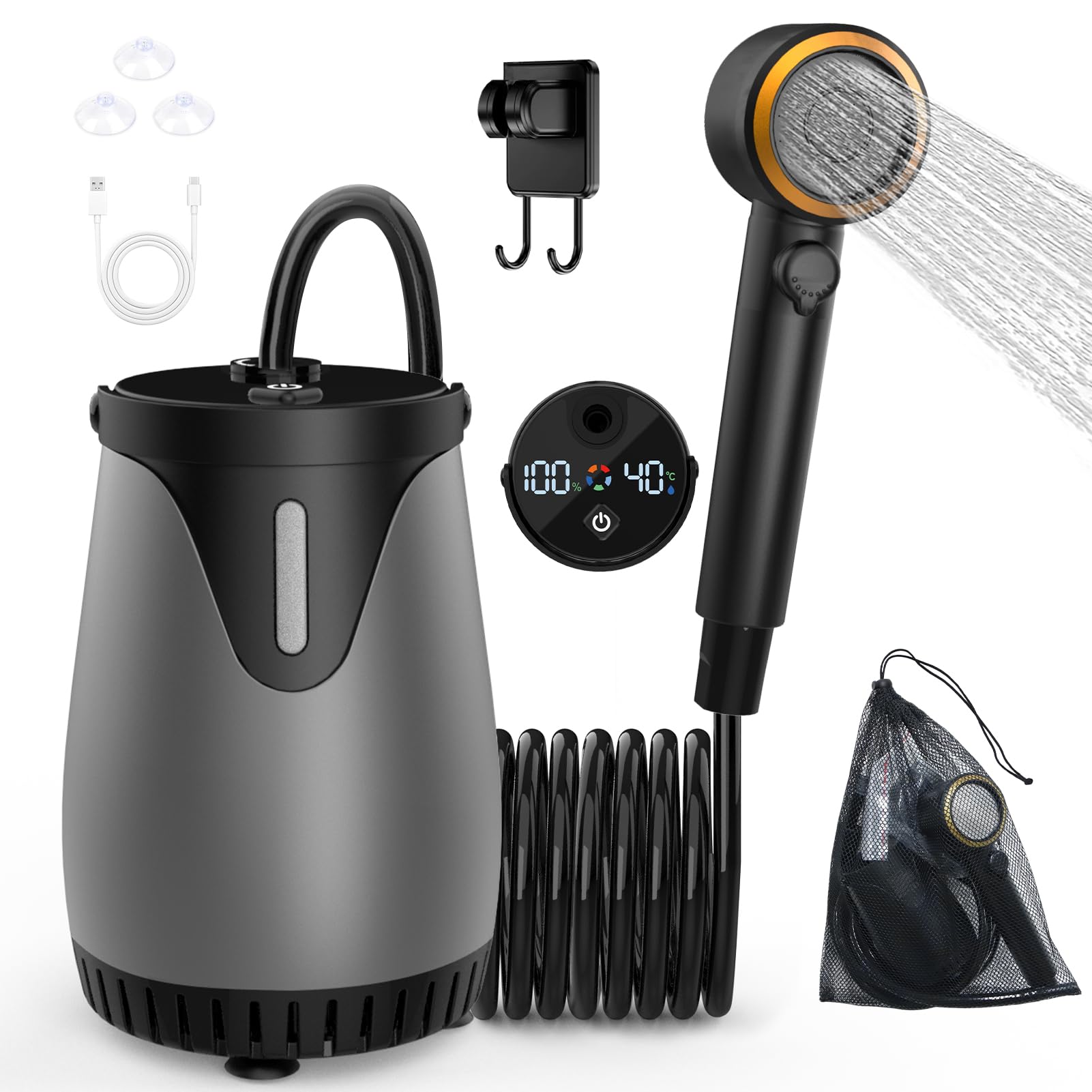 dessports Portable Camping Shower, 6000mAh Rechargeable Outdoor Shower Pump