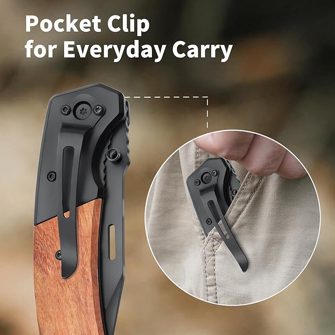 Vickay Pocket Knife, Folding Knife with Clip - 3.54??Black Serrated Steel Blade, Wood Handle EDC Knife for Men & Women, Outdoor Camping, Tactical, Hunting, Hiking, Survival - Father?™s Day Gift
