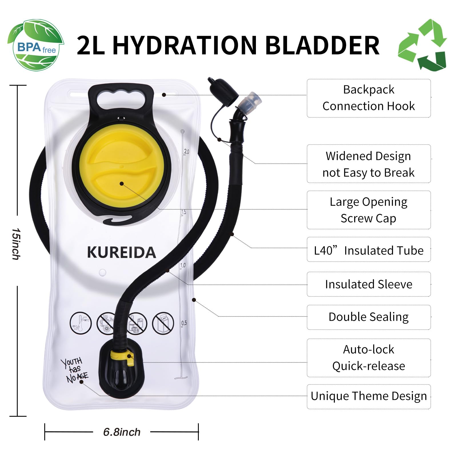 KUREIDA Hydration Bladder 2 Liter, BPA Free Water Bladder for Hiking Backpack Water Storage Bag
