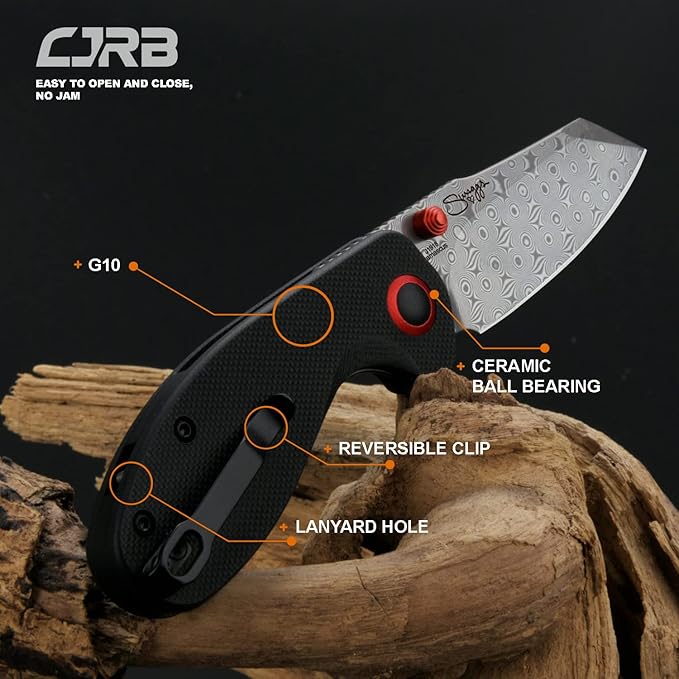 CJRB Maileah pocket knife, folding knife with 2.39'' Damascus Steel Blade, Black G10 Handle EDC Knife for Men Outdoor Survival Camping Limited Edition (J1918D)