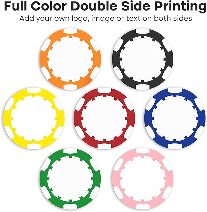 50-500 Custom Clay Poker Chips for 7 Colors,Imprinted in Full Color with Your Logo,Image or Text,40mm Heavy 11.5 Grams,Customized Drink Tokens for Bar,Party,Business Card,Golf Club or Events