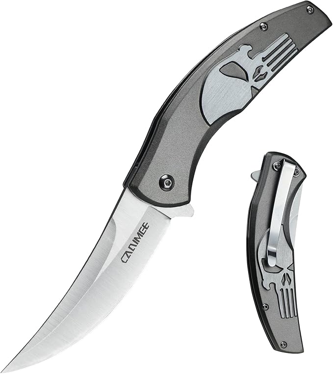 Folding Knife with upswept 440C High Carbon Stainless Steel Blade, Grey Aluminum Handle, with Deep Carry Pocket Clip, Outdoor EDC Knife for Camping, Hiking, Fishing