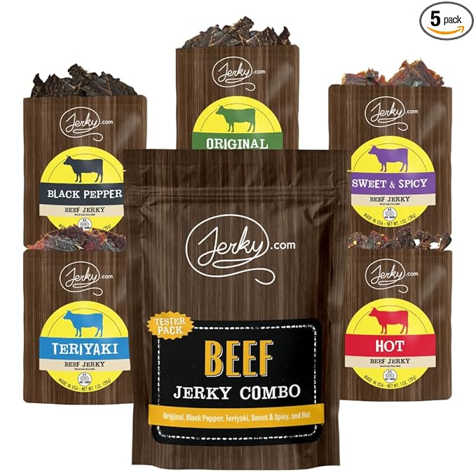 Jerky.com Beef Jerky Sampler Pack – 5 Flavors (Original, Black Pepper, Teriyaki, Sweet & Spicy, Hot) – Premium Meat Snack, No MSG, High-Protein Gift for Men (5 Flavors - 1 oz. bags)