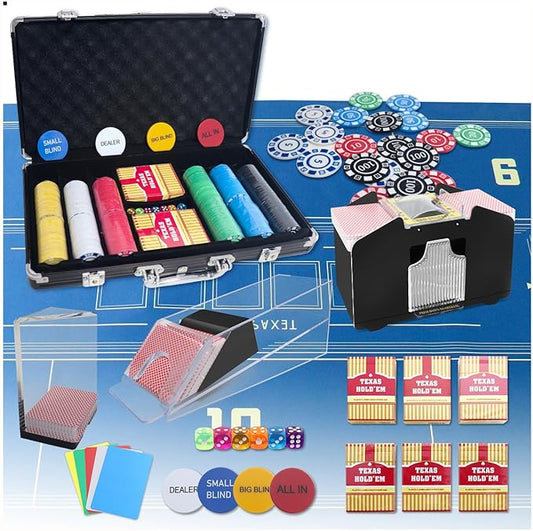 Poker Set, Casino Game Set Blackjack Set with Casino Chips, Deck Shuffler, 300pcs Poker Chips, Blackjack Mat, Poker Cards, Blackjack Shoe, Poker Buttons, Cut Cards for Adult Casino Party