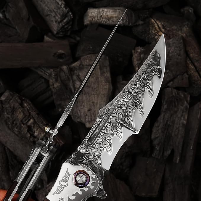 4.6in Damascus steel blade, ebony inlaid with serpentine wood handle with leather pocket folding knife, suitable for camping cutting