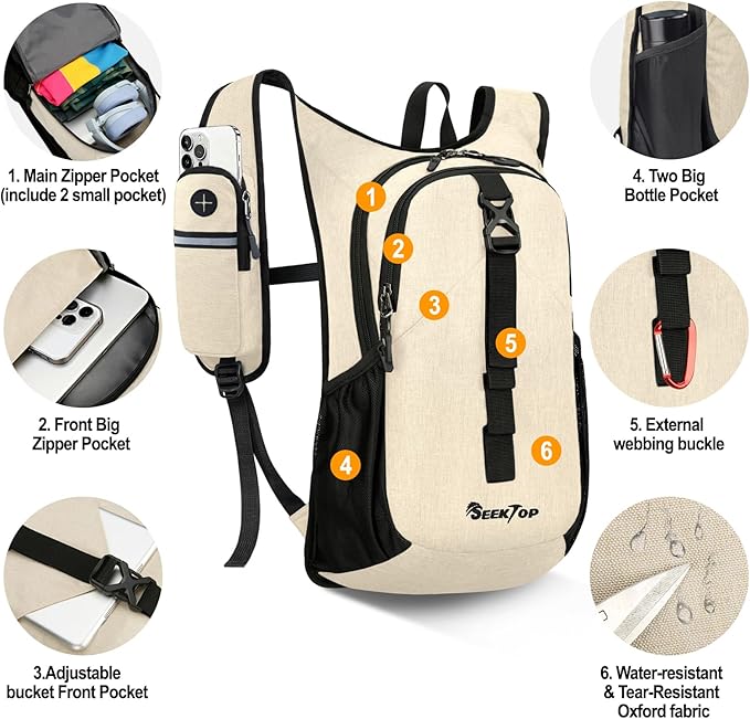 Seektop 15L Small Hiking Backpack for Women Men, Foldable Packable Backpack with Phone Pocket, Lightweight Travel Daypack for Hiking Camping Outdoor (Beige)