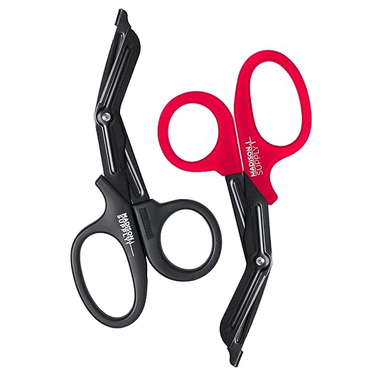 Madison Supply Trauma Shears Red - 7.5 Inch EMT and Nurse Scissors with Quality Stainless Steel, Fluoride-Coated Non-Stick Blades, High-Impact Handles - 2 Pack Trauma Scissors (Black/Red)