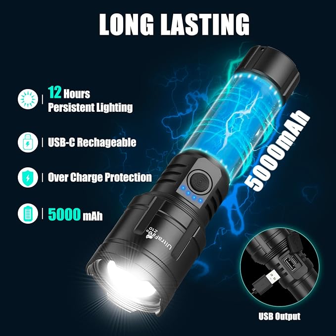 ULTRAFIRE Flashlights High Lumens with Ignition Lens, 1500 LM Super Bright Zoomable Tactical Flashlight with Holster, Reverse Charging, 3 Modes LED Rechargeable Flash Light for Camping, Emergency