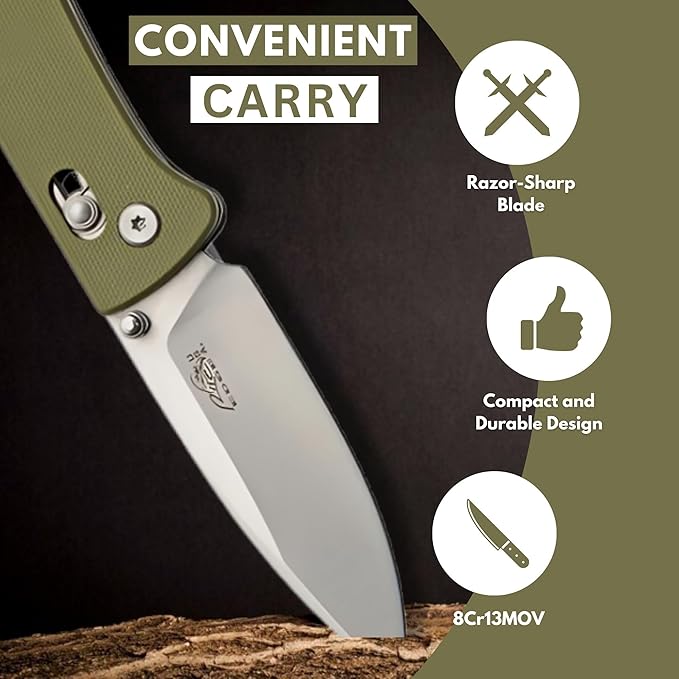 Rite Edge Premium Folding Pocket Knife - 4.25" Stainless Steel Blade, G10 Handle, Belt Clip, Camping Folder, Outdoor Utility, Father's Day Gift - Green