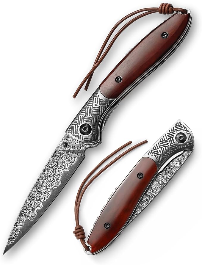 3.15" Handmade Damascus Folding Pocket Knife，EDC Knives Gift for Men，Brown Bone Handle，Ceramic Bearings，Thumb Stud, Steel Bolster, Liner Lock.Piscis Austrinus-02B