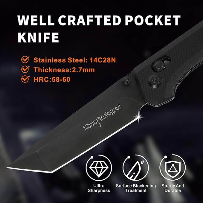 ThundeForged Camping Folding Knife - EDC Folding Knife with Crossbar Lock,14C28N Steel Blade, Black G10 Handle Lightweight Tactical Pocket Knife for Camping Outdoor Survival Hiking
