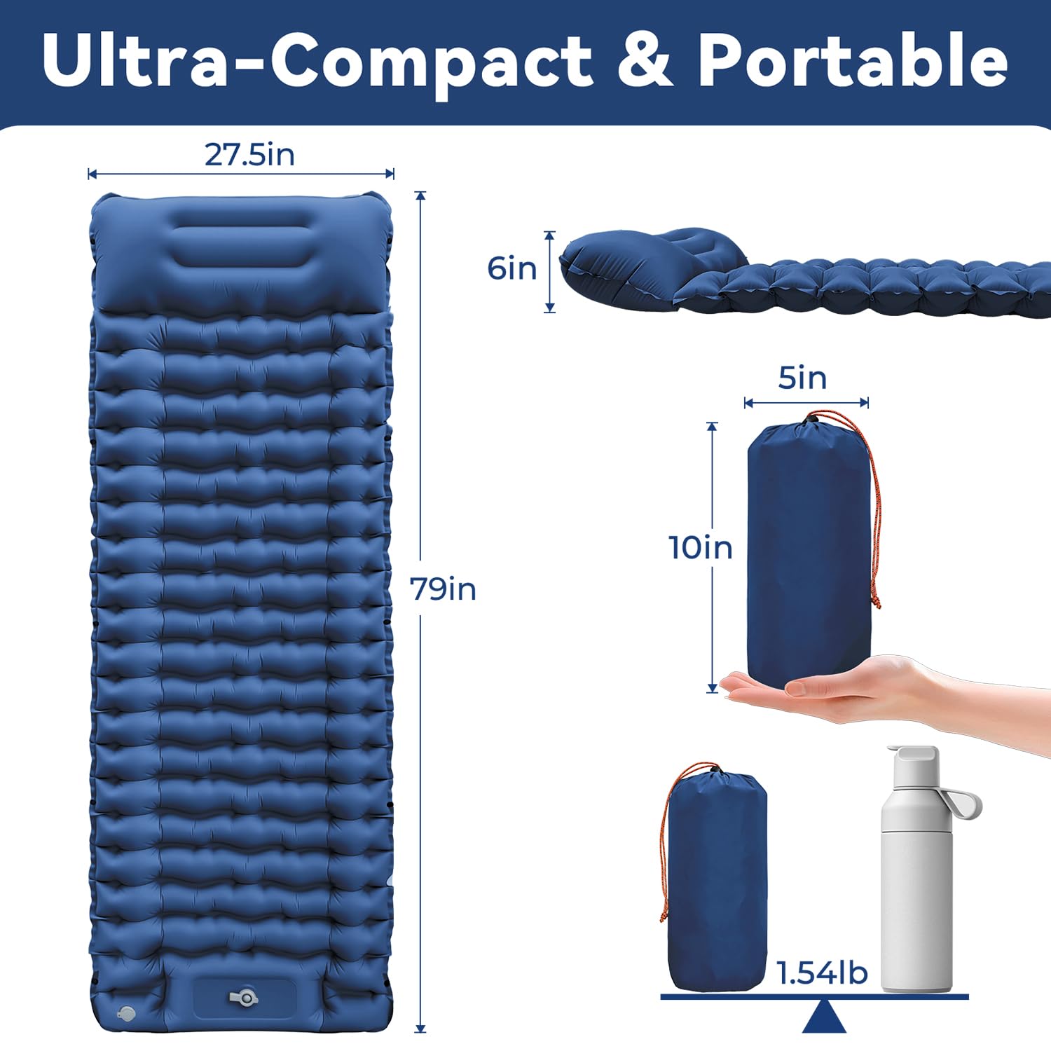RusChic Sleeping Pad for Camping, Built-in Foot Pump with Pillow