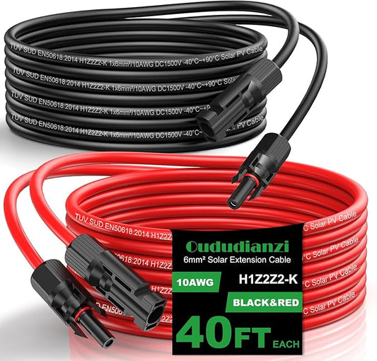 Oududianzi Solar Extension Cable 40Ft, Solar Wire 10AWG, Tinned Copper PV Cable 10Gauge, Solar Panel Wires and Connectors for Home RV Boat Outdoor Camping Solar Photovoltaic Systems, Set of 2