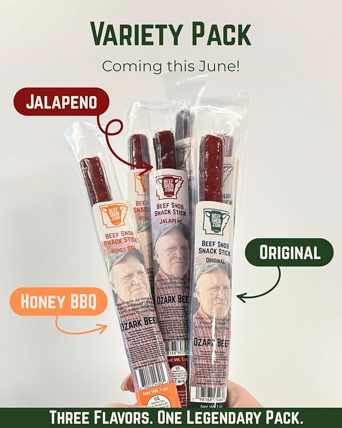 Beef Snob Snack Sticks - Variety Pack - Original (6), Jalapeno (7), Honey BBQ (7) - 1 Ounce Snack - 20 Meat Sticks Per Box - High Protein Snack, Keto Friendly, Gluten Free Jerky Sticks