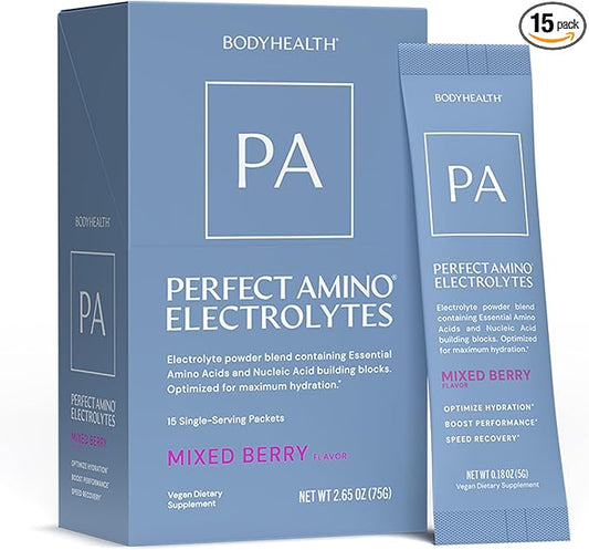 BodyHealth PerfectAmino Electrolyte Drink Mix ??Mixed Berry ??No Sugar, Keto & Fasting Friendly, Hydration with Trace Minerals ??Stick Packs