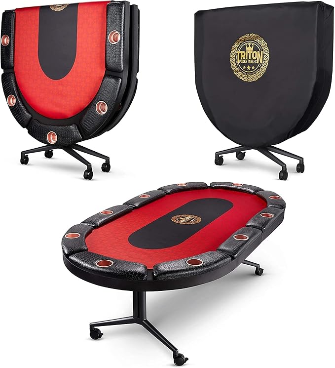 Triton Foldable Poker Table for 10 Players with Poker Chips Set 300- Soft-Padded Armrest, Individual Cup Holders - Premium Poker Chips, Long Lasting Poker Table