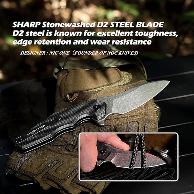 Hightron Mini Ventura Pocket Knife, Flipper Folding Knife with 2.85" Stonewashed Sharp D2 Blade and G10 Handle, EDC Pocket Knives with Pocket Clip for Camping Hiking Black-W