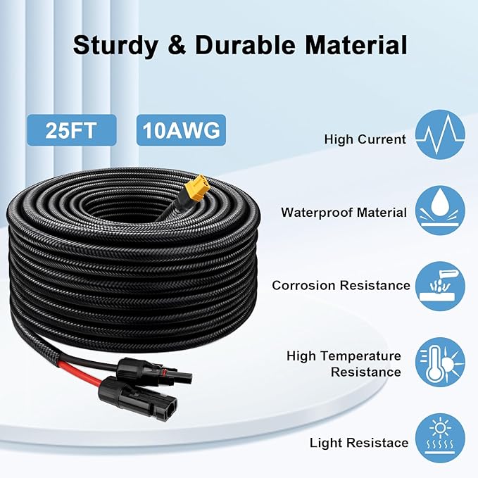 Solar to XT60 Cable 10AWG 25FT Solar Connector to XT60 Adapter Cable for Solar Panel to Battery RV Portable Power Station Solar Generator - 25 Foot