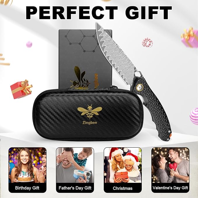 Damascus Pocket Knife for Men Women, 3.35" VG10 Core Damascus Steel Blade Folding Knives with Black Aluminum Handle, EDC Camping Knife