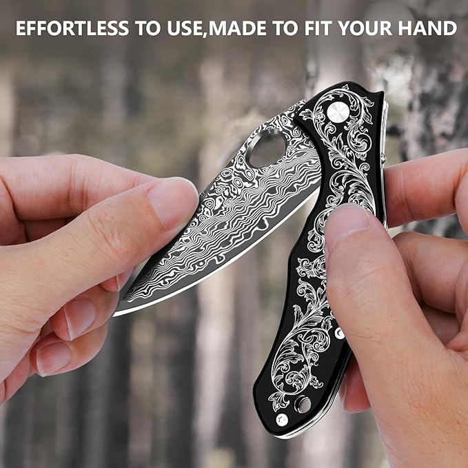 KOMWERO Damascus Pocket Knife with 2.95" VG10 Steel Blade, Folding Knife with Aluminum Alloy Non-Slip Handle, EDC Knife with Leather Sheath and Pocket Clip for Men Women Camping Survival Hiking