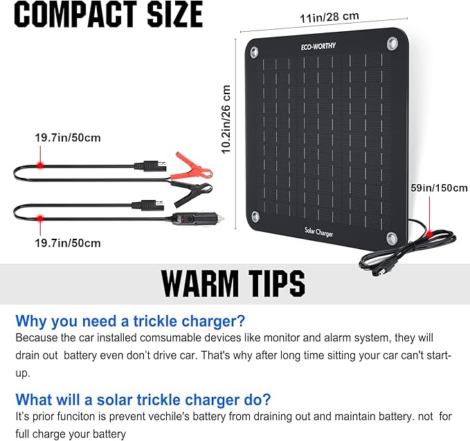 ECO-WORTHY 10W Solar Car Battery Charger Maintainer 12V Waterproof Portable Solar Trickle Charger for Car Truck Boat Lawn Mower RV Trailer Tractor ATV Utility Vehicle Battery