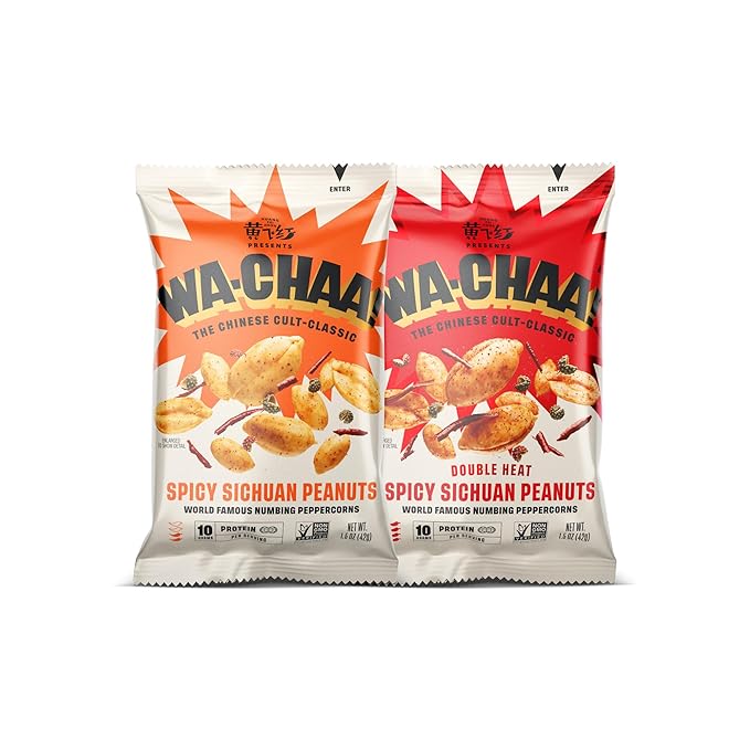WA-CHAA! Variety Pack Spicy Sichuan Peanuts, Numbing Mala Peppercorns, Toasted Chili Flakes, Protein-Packed, Party Snacks, Non-GMO, On-The-Go Travel Size 1.5 Oz 12 pack (6 Original Heat + 6 Double Heat)
