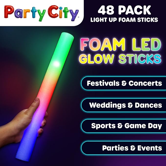 Party City 48pk LED Foam Glow Sticks 14?? Glow in the Dark Party Supplies Favors, Colorful Flashing Wand with 3 Modes, Foam Light Up Sticks Bulk Party Pack for Wedding, Birthday, Concert, Halloween