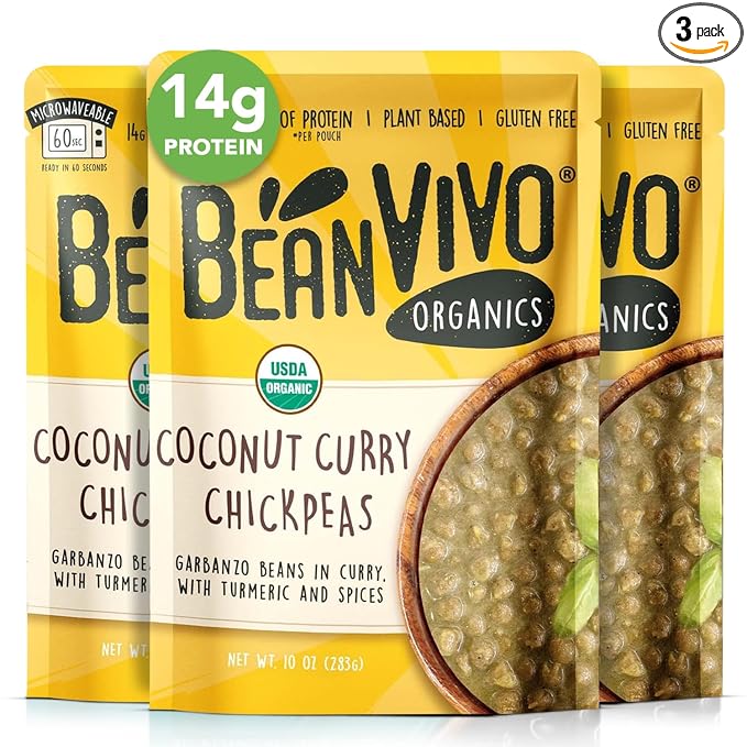 BeanVIVO (Pack of 3) Organics 14g Plant based Protein Coconut Curry Chickpeas - Good Source of Fiber - Nutritious & Microwave Meals - Gluten-Free Plant Food - 10 oz