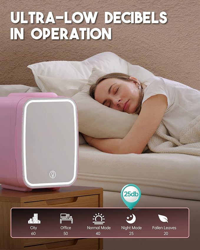 Skincare Fridge with Dimmable LED Light Mirror,4 Liter/6 Can Mini Fridge Skincare for Bedroom,Office, Car, Dorm,Cooler and Warmer, Portable Mini Fridge for Skin Care, Cosmetics, Food,Pink