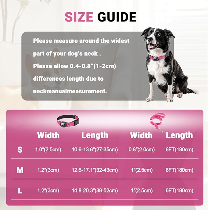 AirTag Dog Collar and Leash, IP68 Waterproof Integrated with Reflective, Ultra-Durable, Comfortable Padded, Heavy Duty Dog Collars for Small Medium Large Dogs, S (10.6"-13.6"), Pink