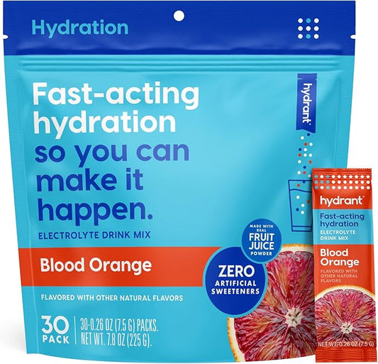 HYDRANT - Hydrate Electrolyte Powder, Blood Orange Flavor, 30 Rapid Hydration Individual Stick Packs - Low Sugar Drink Mix for Daily Use, Travel & Workouts