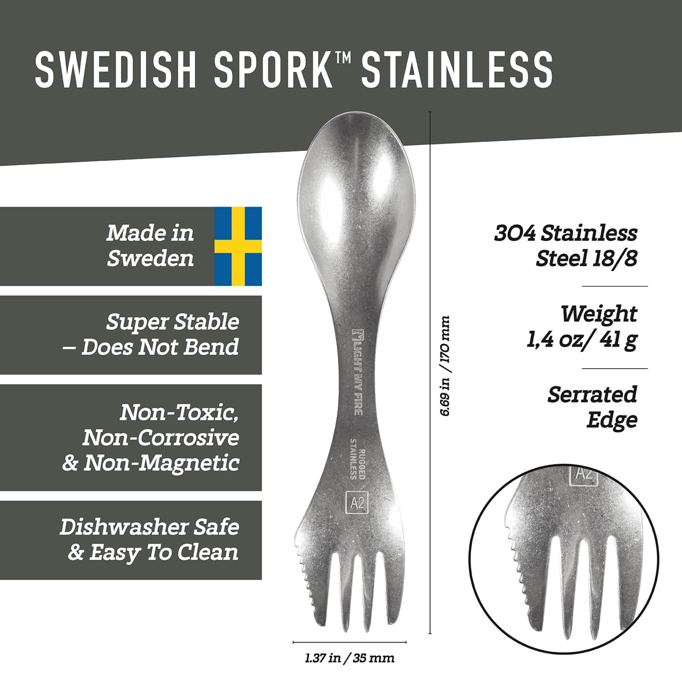 Light My Fire Sporks Stainless Steel (18/8) Camping Spork, Unbreakable Fork Spoon Knife Set
