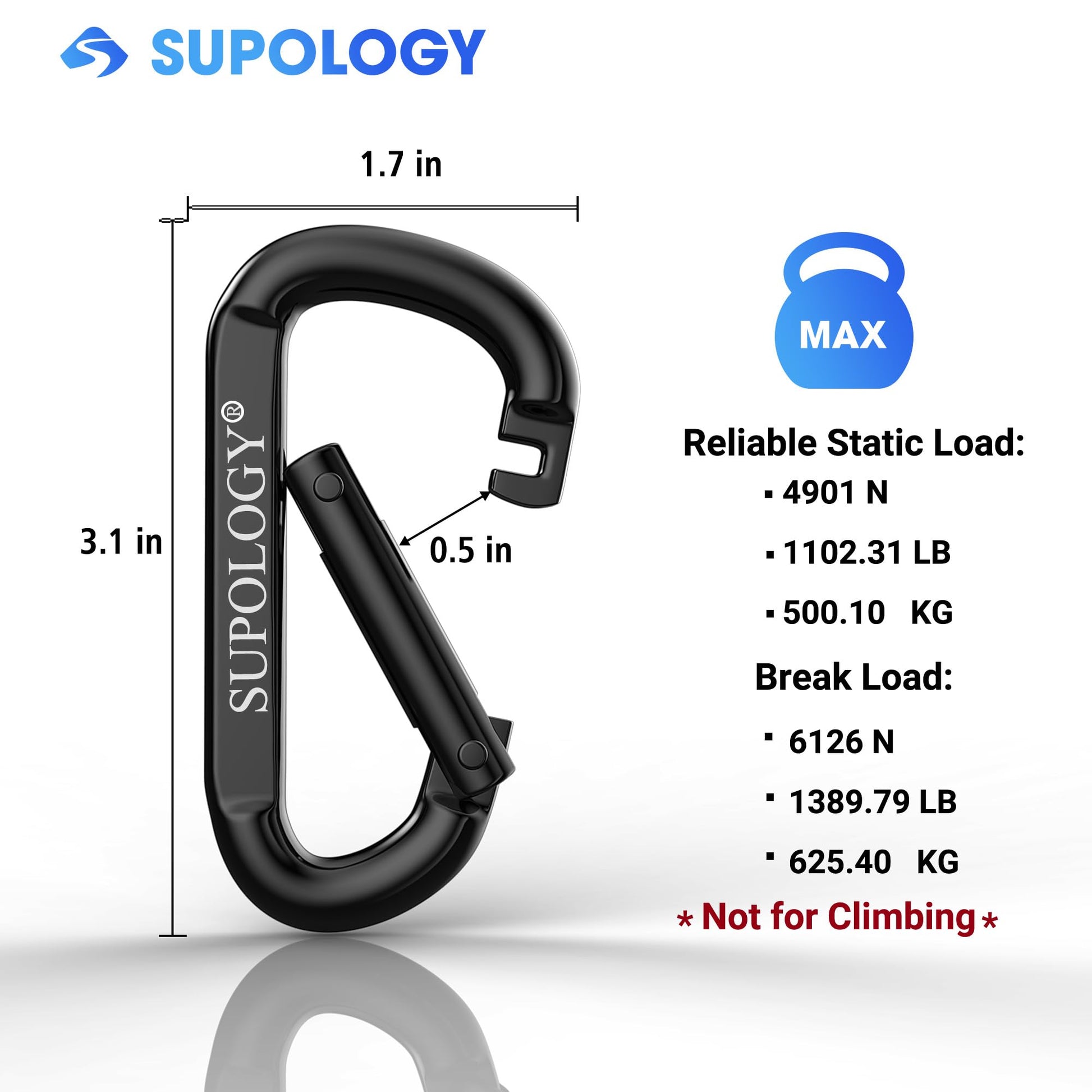 Heavy Duty Carabiner Clip, Steel Carabiners 1100lbs 3" D Shaped Spring Hook Small Clips for