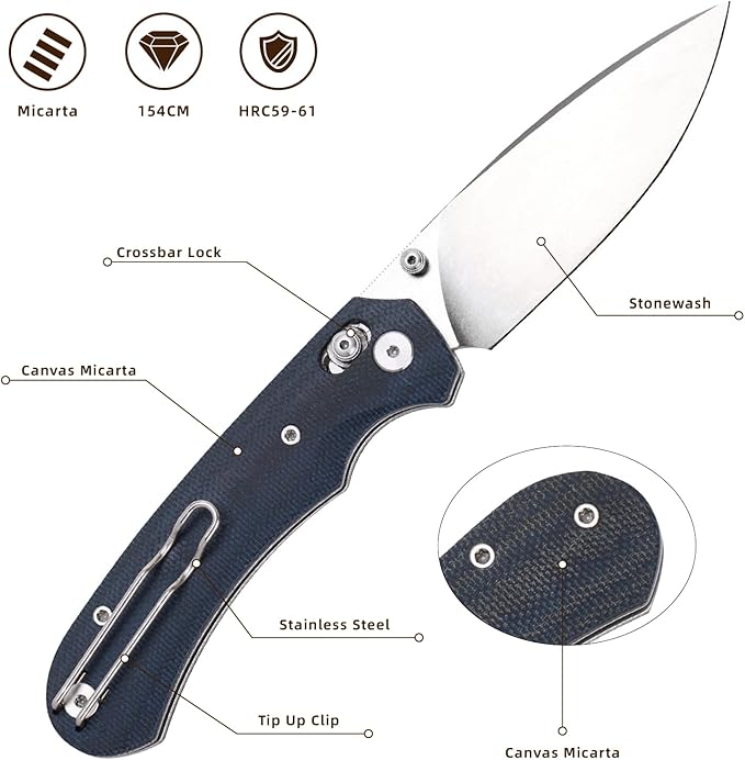 Folding Knife,Pocket Knife,3.31??154CM Blade,Erogonomic Canvas Micarta Handle,Survival Camping Knife with Pocket Clip,EDC Knife for Camping, Hunting, Hiking, Survival,Blue