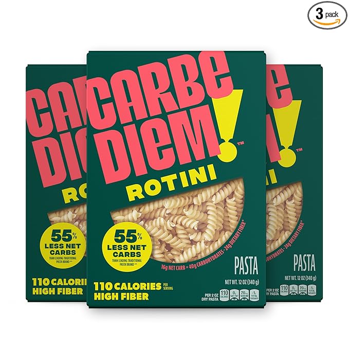 Carbe Diem!, Rotini, Lower Net Carb Pasta with Traditional Flavor & Texture, 8 grams of Protein, 55% Fewer Net Carbs & Only 110 Calories Per Serving, Pack of 3