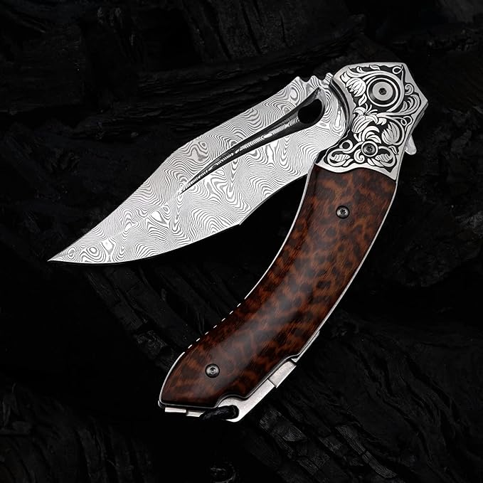 Japanese VG 10 Damascus Steel Folding Knife, Outdoor Wilderness Survival Pocket Knife, Snake Wood Handle Lined Lock, Leather Sheath, EDC Pocket Knife