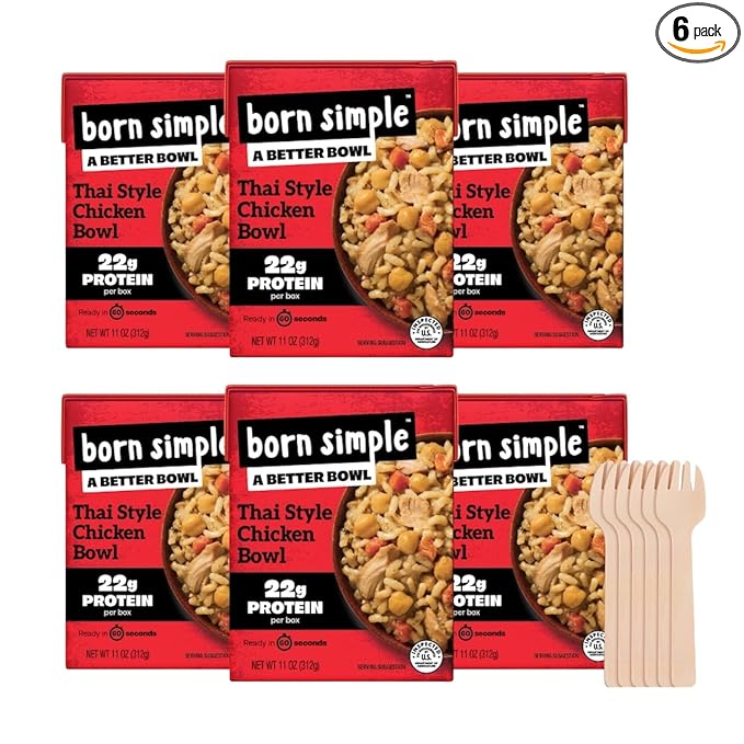 Born Simple Ready to Eat Meals with Sporks, Thai Style Chicken Bowl, Improved Recipe - 22g Protein, Prepared Meal, Microwavable Entree, 11 oz (Pack of 6)