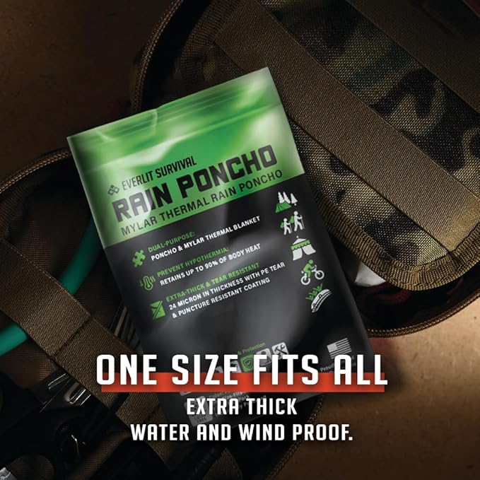 Everlit Survival Rain Poncho Emergency Mylar Space Blanket Camping Gear-Retain 90% of Body Heat Survival Gear for Survival Kits Camping Supplies Emergency Blankets