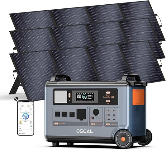 OSCAL PowerMax 6000 Solar Generator with 3x200W Solar Panel, 120V/240V 3600Wh Power Station 6000W AC Outlets (7200W Peak), 2200W AC Charging/2400W Solar Charging, Emergency for Home, Battery Backup