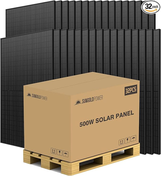SUNGOLDPOWER 32PCS 500W Solar Panels Monocrystalline UL 61730, Grade A Solar Cell,Waterproof IP68, High Efficiency Solar Panel On/Off Grid Supplies for RV, Tiny house, Marine, Household (Total 16000W)
