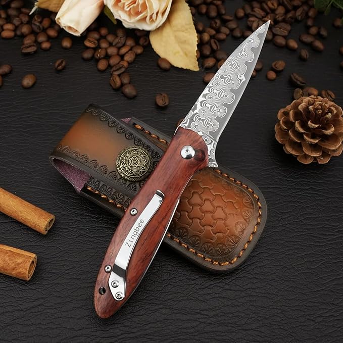 Damascus Pocket Knife with Sheath, 2.87" Damascus Steel Blade Knife with Wood Handle, EDC Folding Knife for Camping Fishing Hiking, Gifts for Men Women