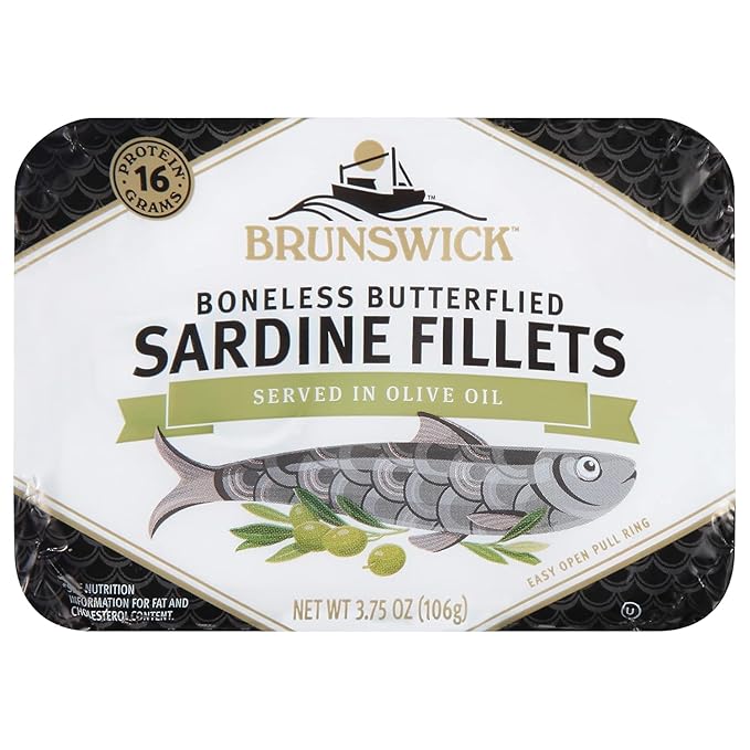 Brunswick Sardines in Olive Oil, 3.75 oz Can - Boneless Butterflied Sardine Fillets - Wild Caught - 17g Protein per Serving - Gluten Free, Keto Friendly