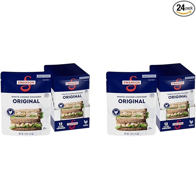 Swanson Original White Chunk Fully Cooked Chicken, Ready to Eat, Simple On-the-Go Meals, 2.6 OZ Pouch (Pack of 24)
