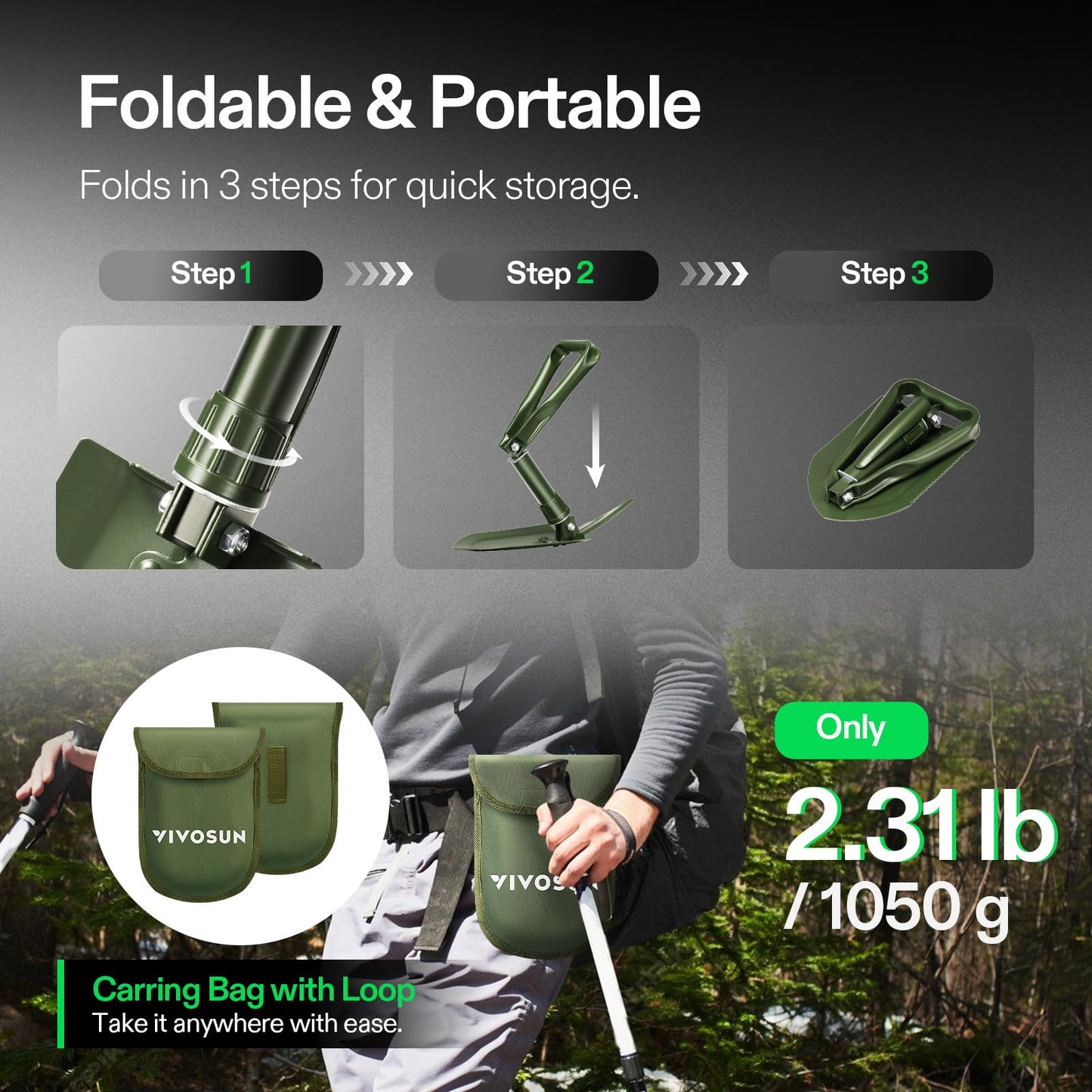 VIVOSUN Folding Camping Shovel, 22'' Survival Shovel with High Carbon Steel